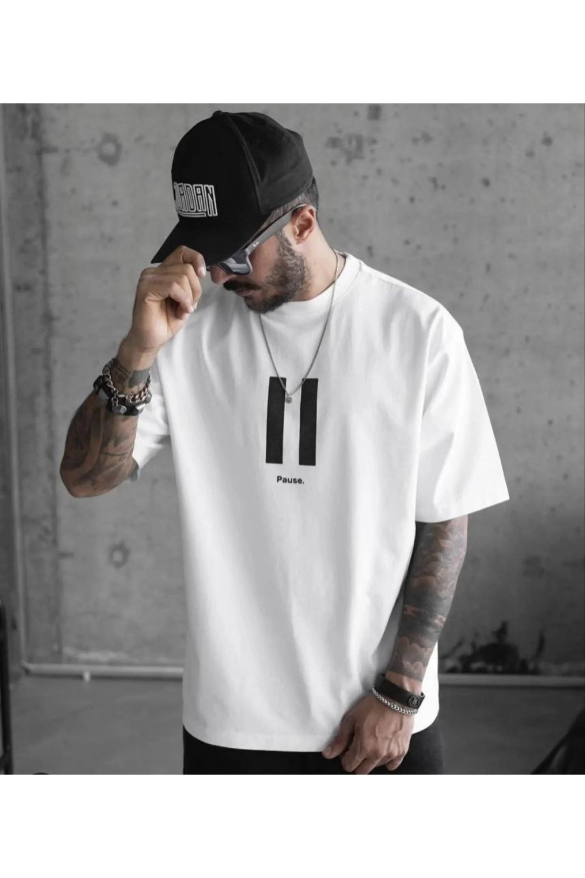 Erkek Kısa Kol Yazlık Tişört Bisiklet Yaka Baskılı Oversize T-Shirt - Beyaz