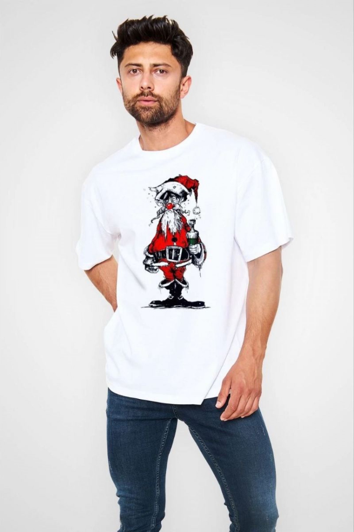 Erkek Kısa Kol Tişört Bisiklet Yaka Yeni Yıl Baskılı T-Shirt - Beyaz