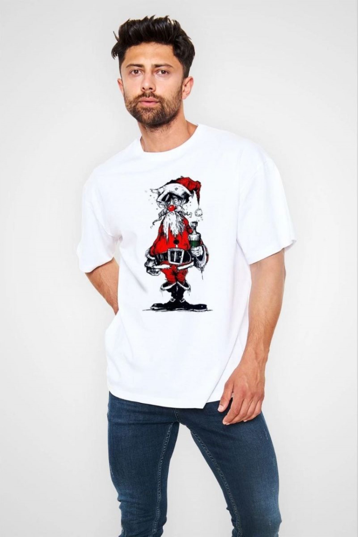 Erkek Kısa Kol Tişört Bisiklet Yaka Yeni Yıl Baskılı T-Shirt - Beyaz
