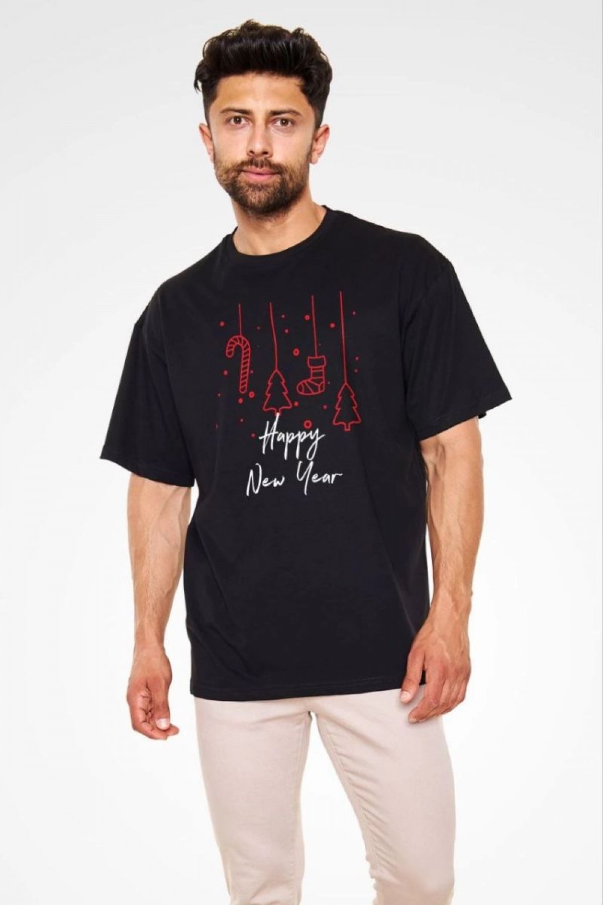 Erkek Kısa Kol Tişört Bisiklet Yaka Yeni Yıl Baskılı T-Shirt - Siyah