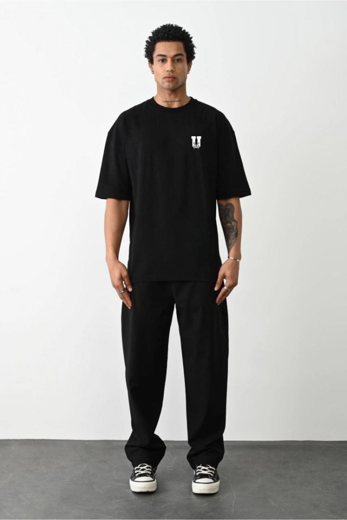 Erkek Kısa Kol Yazlık Tişört Bisiklet Yaka Baskılı Oversize T-Shirt - Siyah