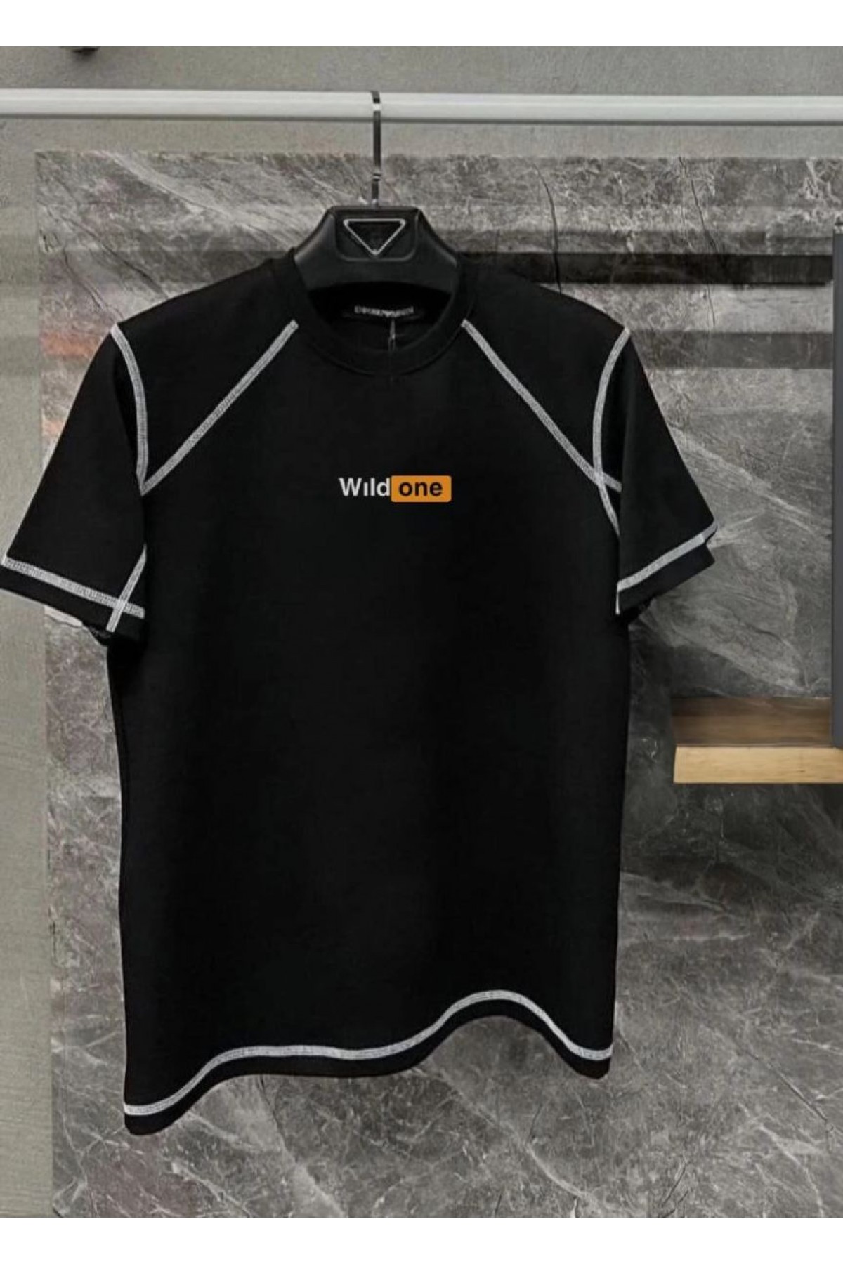 Erkek Tişört Karoyaka Dikişli Oversize T-Shirt - Siyah