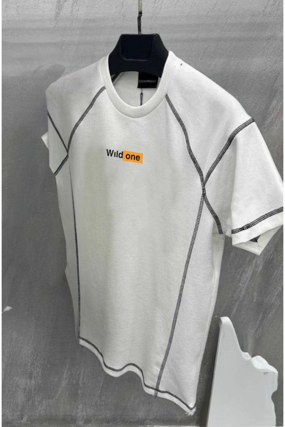 Erkek Tişört Karoyaka Dikişli Oversize T-Shirt - Beyaz