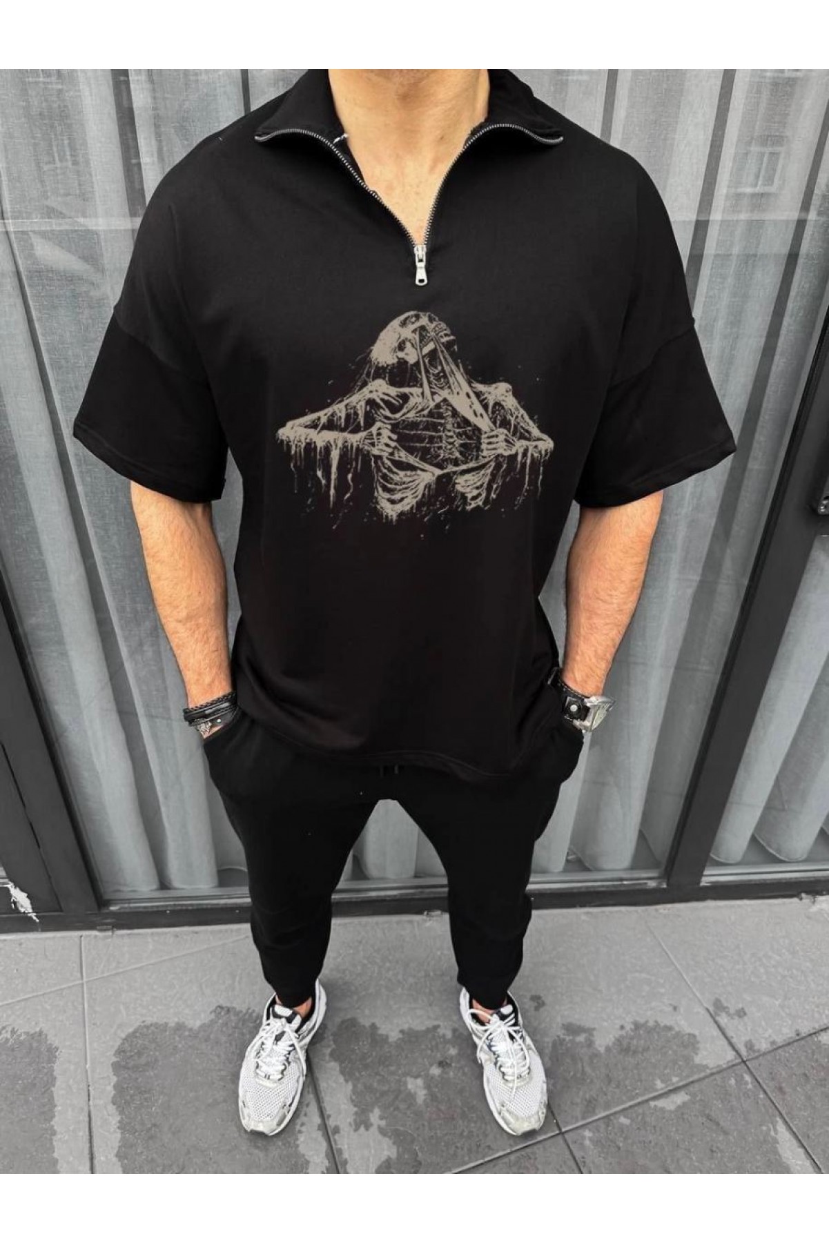 Erkek Yarım Fermuarlı Baskılı Oversize T-Shirt - Siyah
