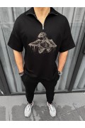 Erkek Yarım Fermuarlı Baskılı Oversize T-Shirt - Siyah