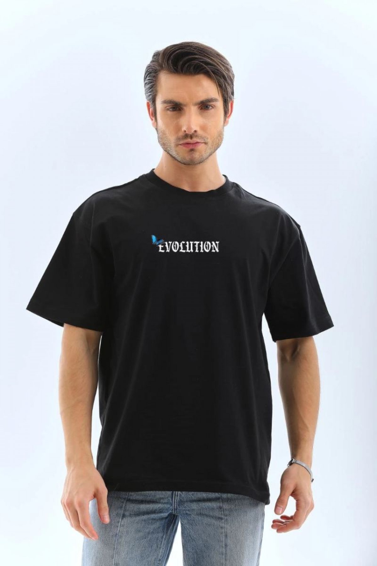 Erkek Kısa Kol Yazlık Tişört Bisiklet Yaka KELEBEK Baskılı  T-Shirt - Siyah