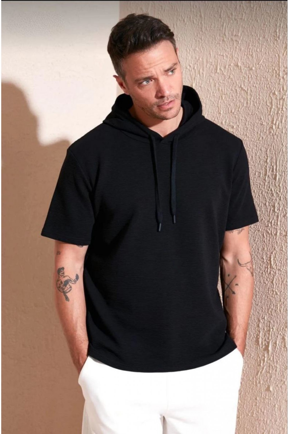Erkek Kapüşonlu Tişört Kısa Kol Düz Oversize T-shirt - Siyah