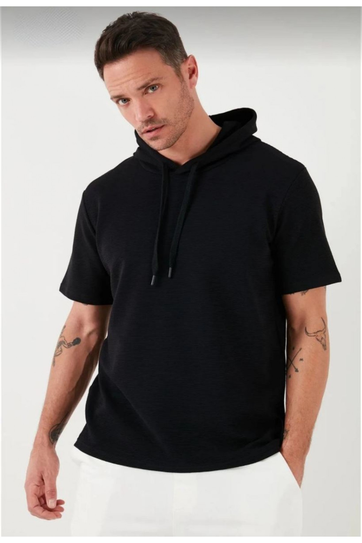Erkek Kapüşonlu Tişört Kısa Kol Düz Oversize T-shirt - Siyah