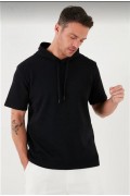 Erkek Kapüşonlu Tişört Kısa Kol Düz Oversize T-shirt - Siyah