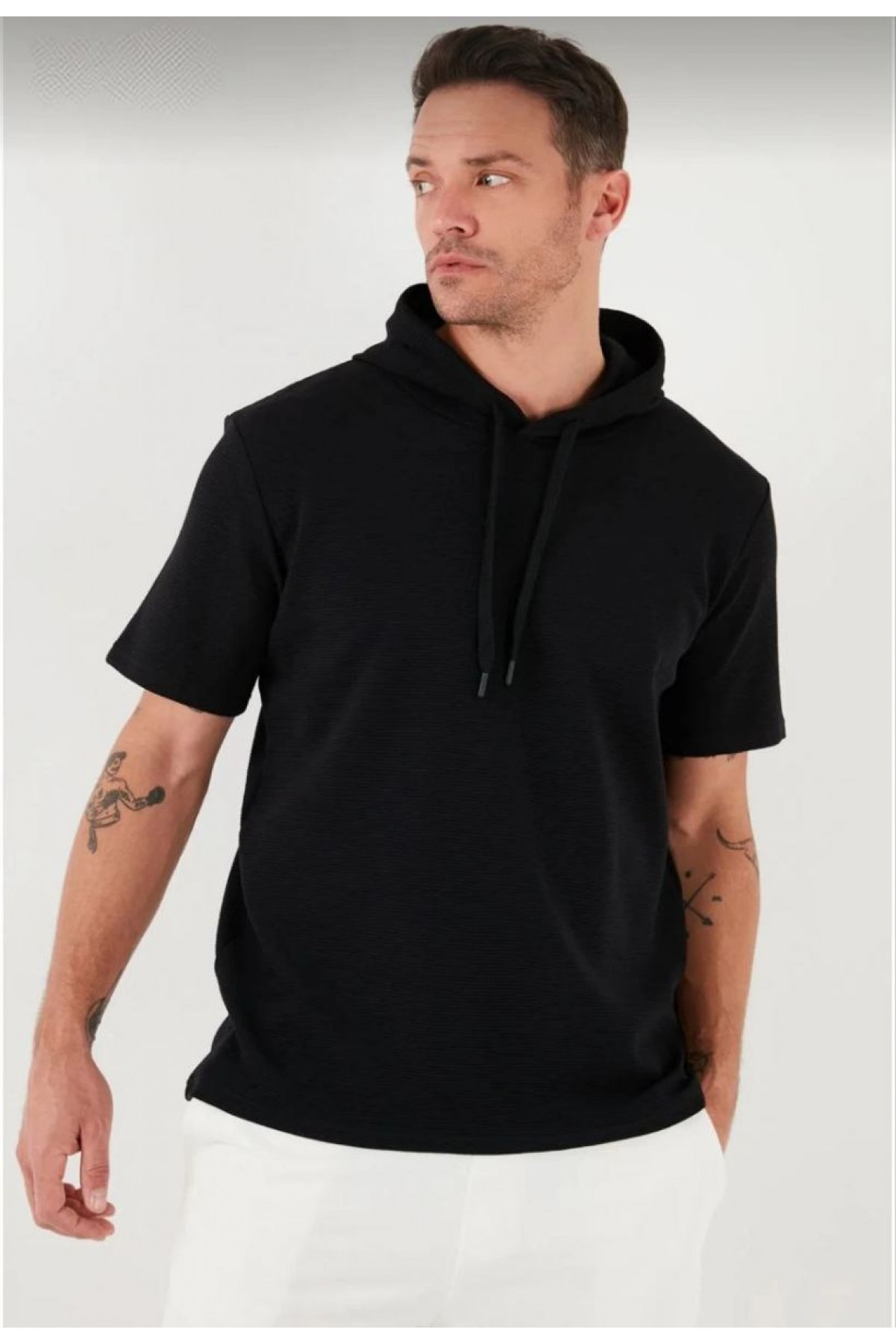 Erkek Kapüşonlu Tişört Kısa Kol Düz Oversize T-shirt - Siyah