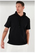 Erkek Kapüşonlu Tişört Kısa Kol Düz Oversize T-shirt - Siyah