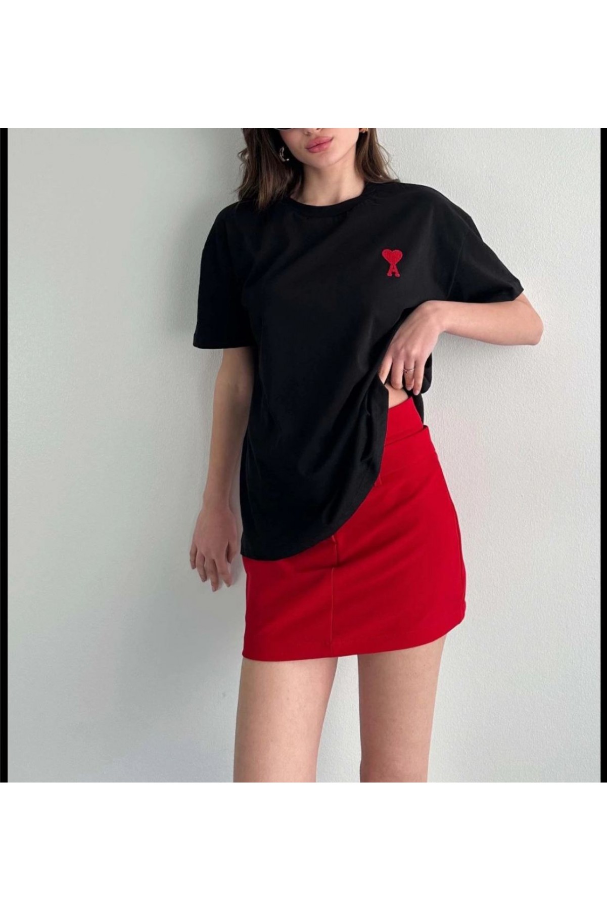 Kadın Tişört Bisiklet Yaka Baskılı Oversize Kısa Kol T-Shirt - Siyah