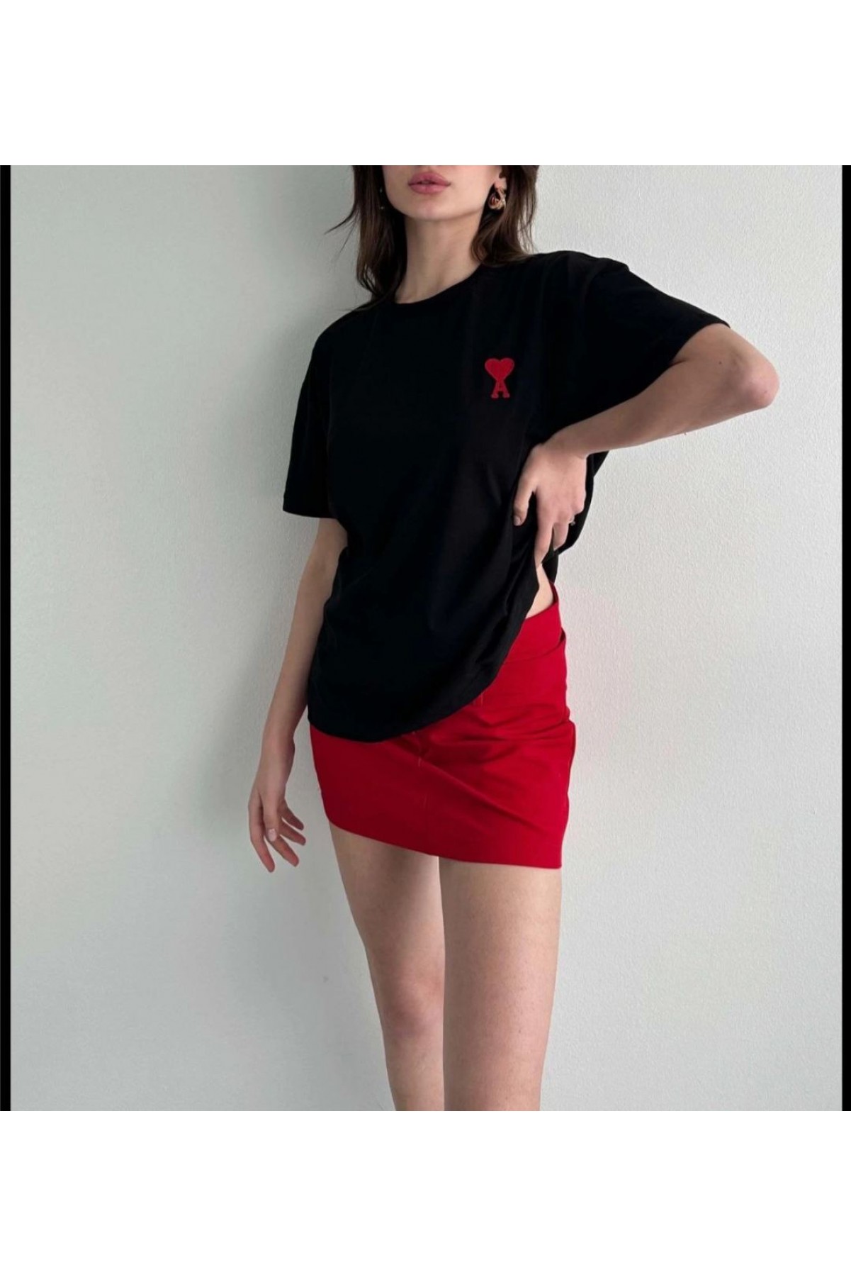 Kadın Tişört Bisiklet Yaka Baskılı Oversize Kısa Kol T-Shirt - Siyah