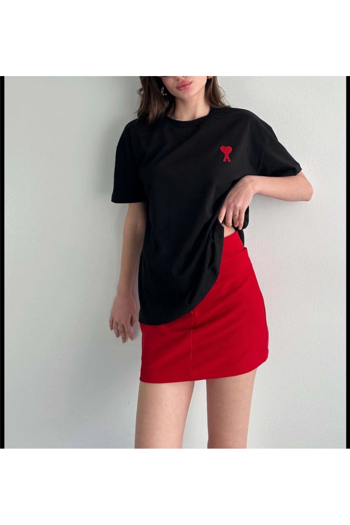 Kadın Tişört Bisiklet Yaka Baskılı Oversize Kısa Kol T-Shirt - Siyah