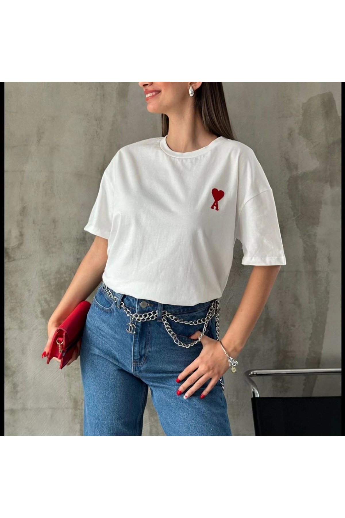 Kadın Tişört Bisiklet Yaka Baskılı Oversize Kısa Kol T-Shirt - Beyaz