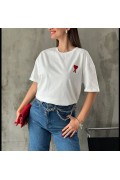 Kadın Tişört Bisiklet Yaka Baskılı Oversize Kısa Kol T-Shirt - Beyaz