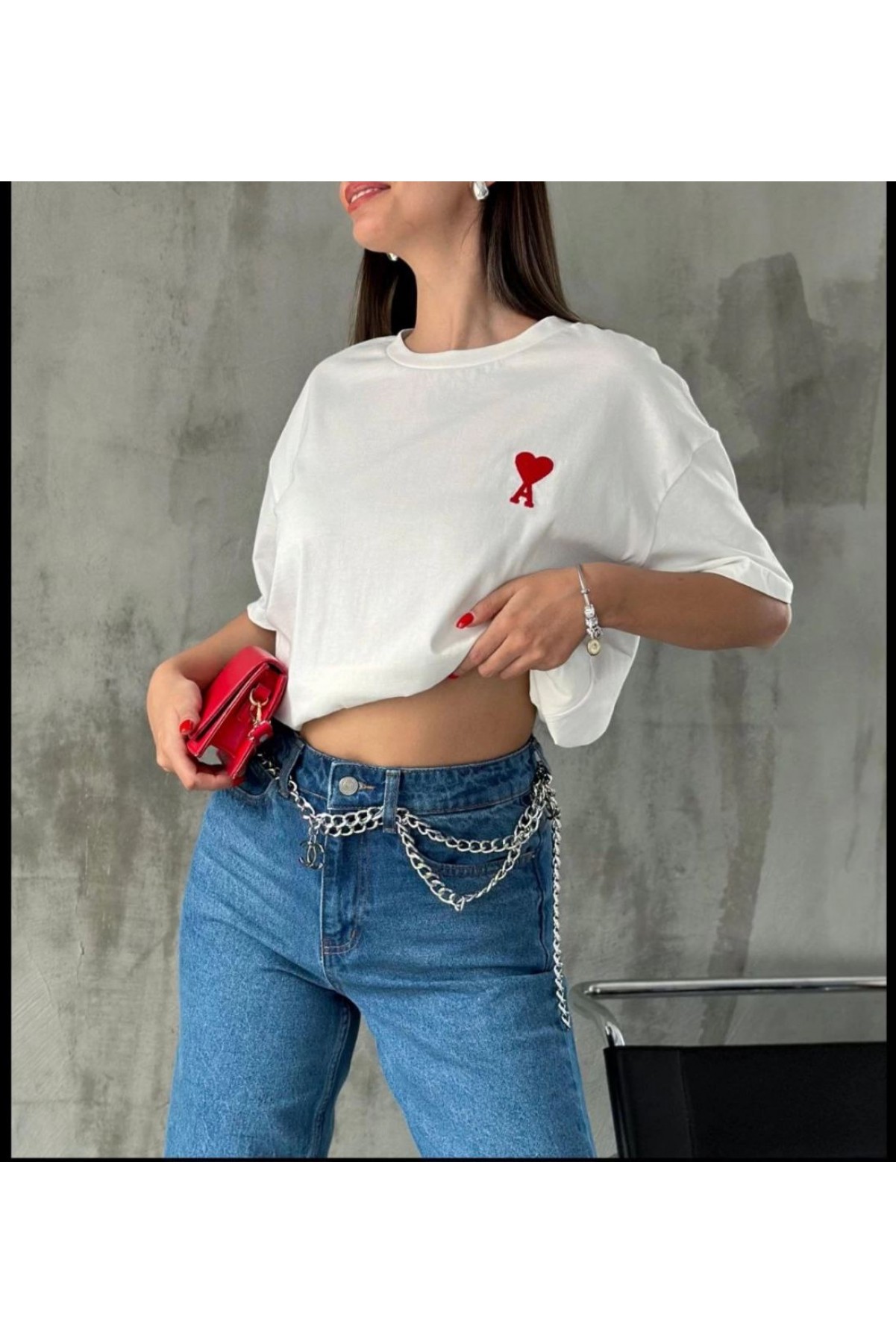 Kadın Tişört Bisiklet Yaka Baskılı Oversize Kısa Kol T-Shirt - Beyaz