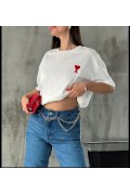 Kadın Tişört Bisiklet Yaka Baskılı Oversize Kısa Kol T-Shirt - Beyaz