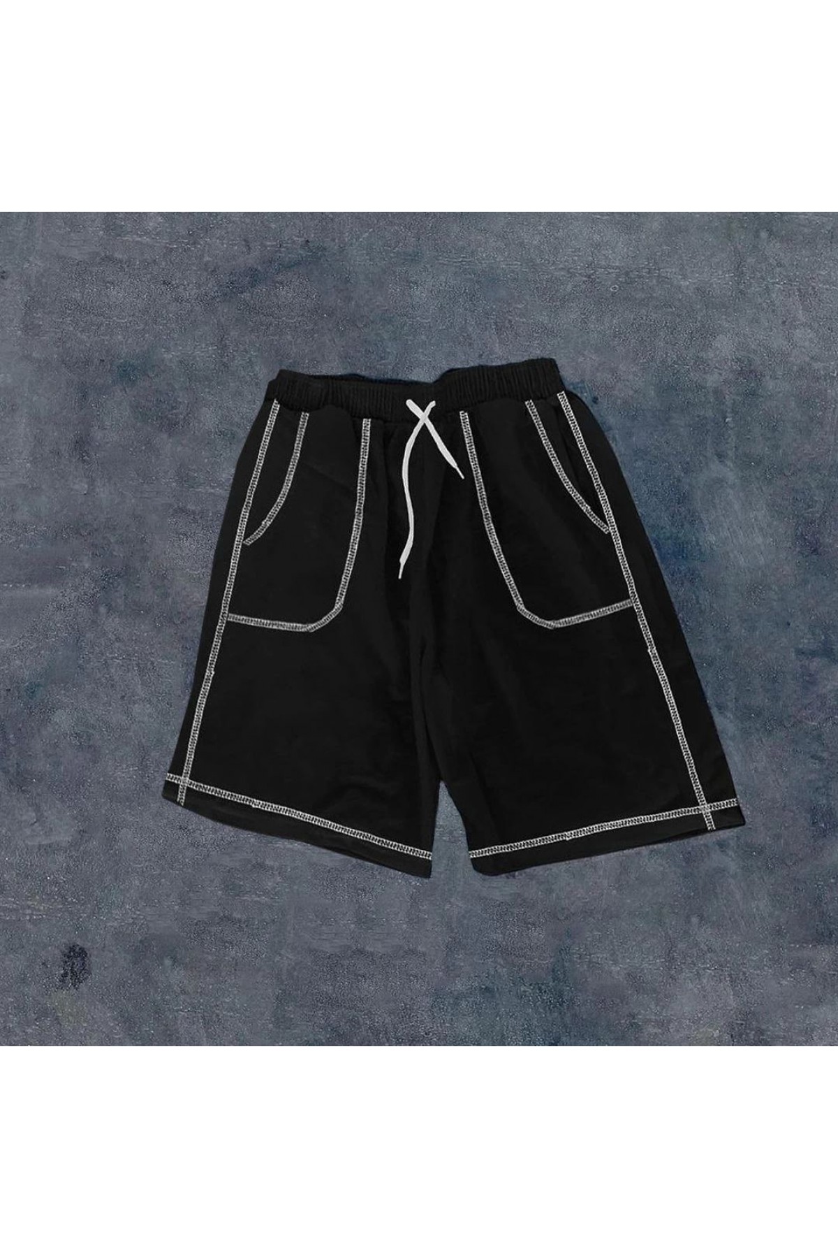 Erkek  Dikişli Cepli Oversize Şort - Siyah