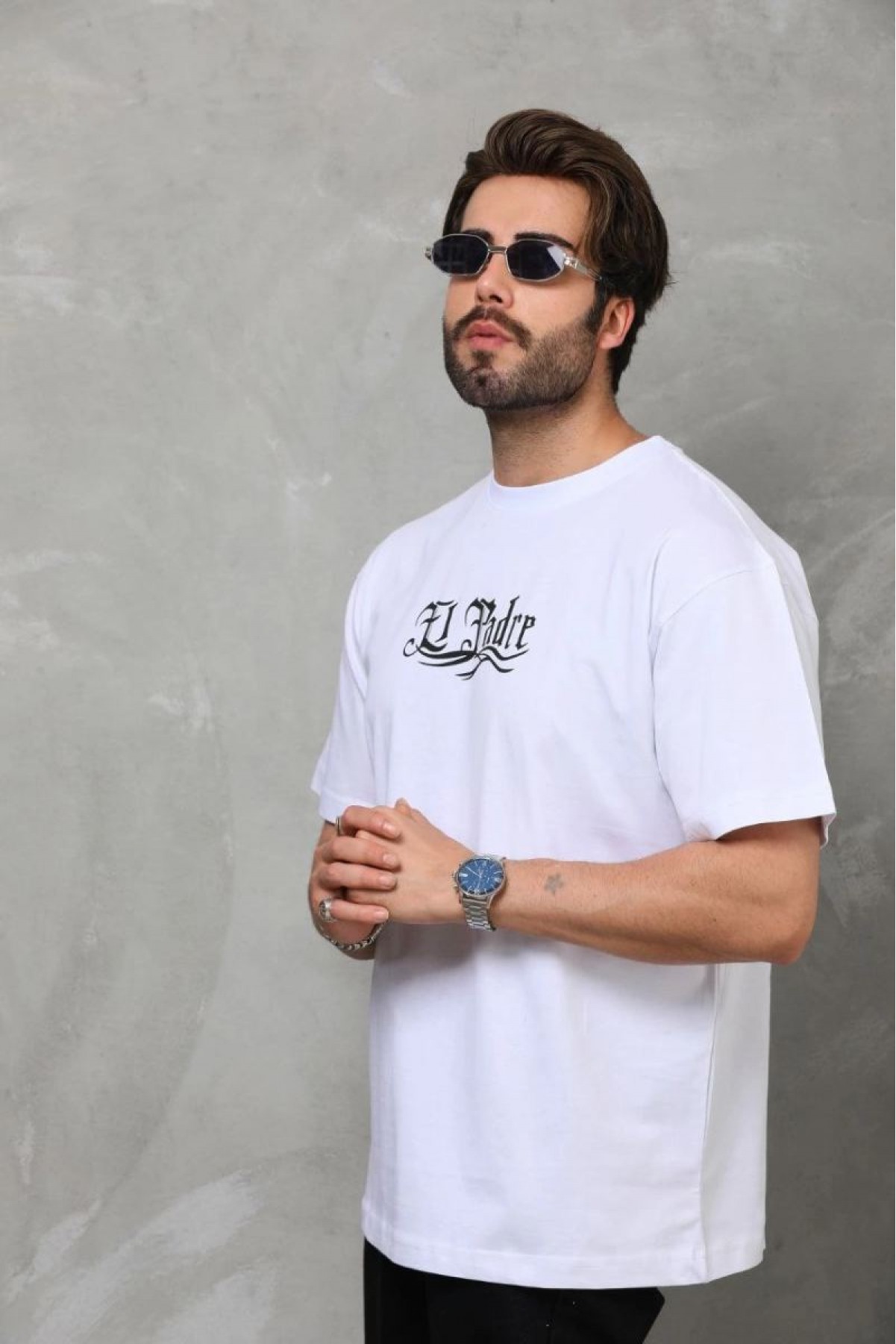Erkek Kısa Kol Yazlık Tişört Bisiklet Yaka Baskılı Oversize T-Shirt - Beyaz