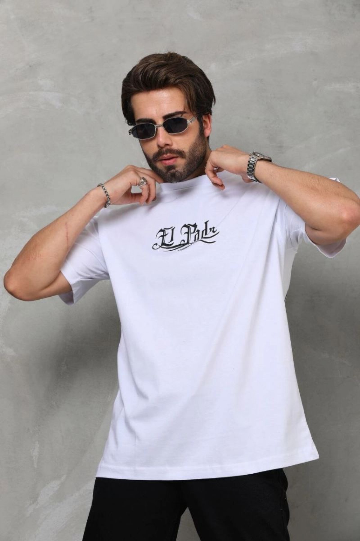 Erkek Kısa Kol Yazlık Tişört Bisiklet Yaka Baskılı Oversize T-Shirt - Beyaz