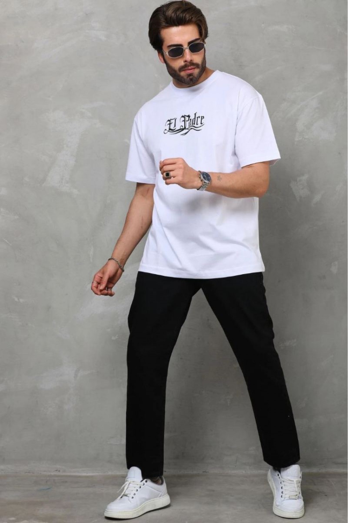 Erkek Kısa Kol Yazlık Tişört Bisiklet Yaka Baskılı Oversize T-Shirt - Beyaz