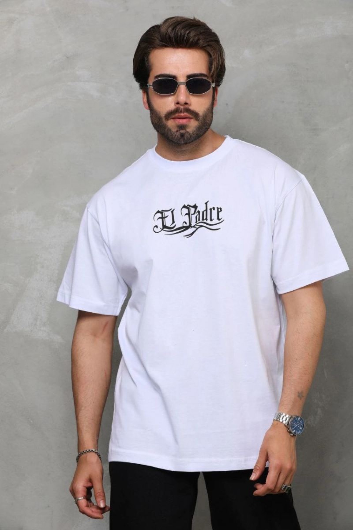Erkek Kısa Kol Yazlık Tişört Bisiklet Yaka Baskılı Oversize T-Shirt - Beyaz