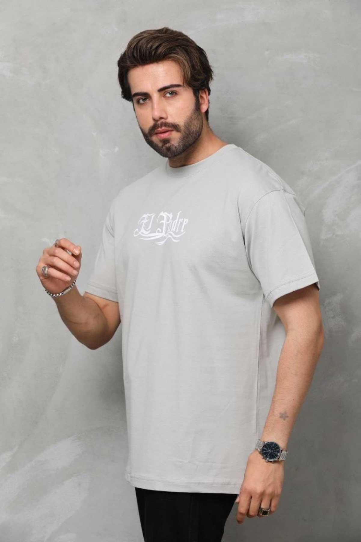 Erkek Kısa Kol Yazlık Tişört Bisiklet Yaka Baskılı Oversize T-Shirt - Gri