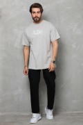 Erkek Kısa Kol Yazlık Tişört Bisiklet Yaka Baskılı Oversize T-Shirt - Gri