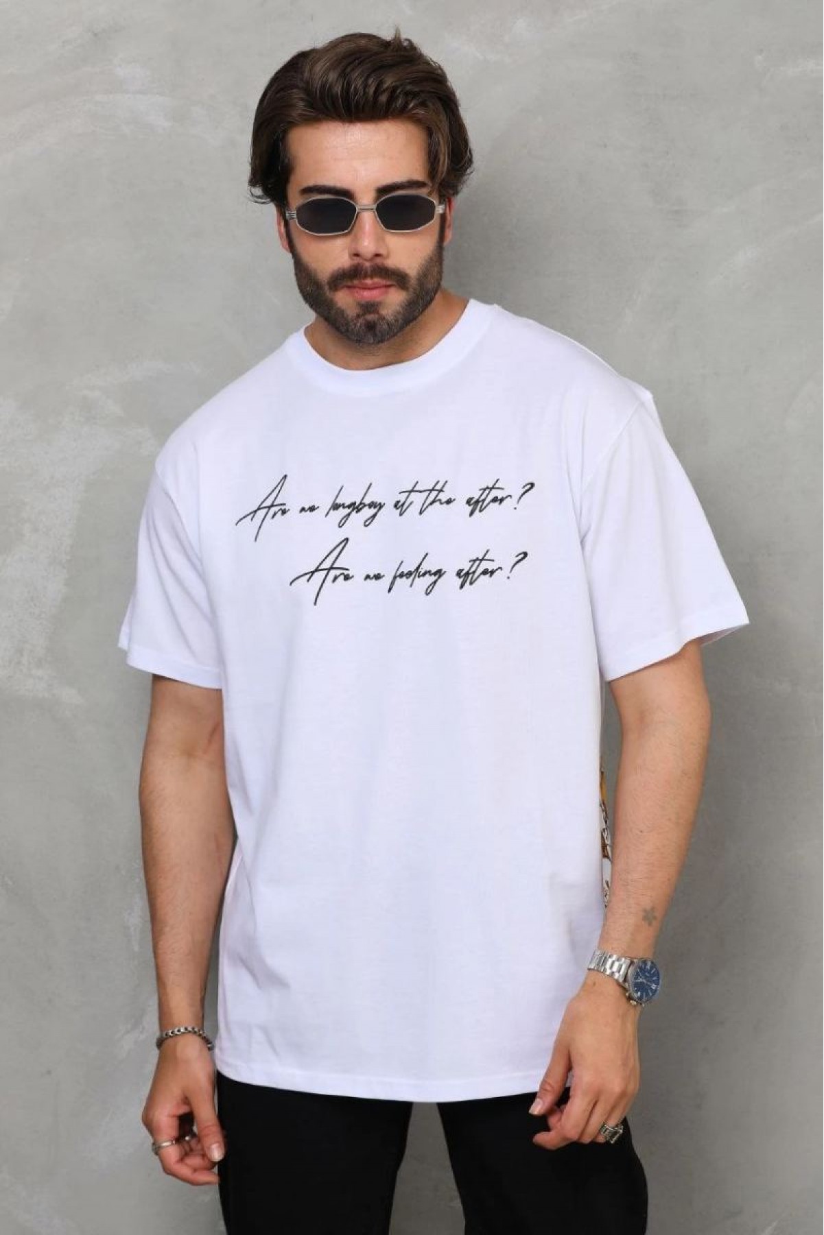 Erkek Kısa Kol Yazlık Tişört Bisiklet Yaka Baskılı Oversize T-Shirt - Beyaz