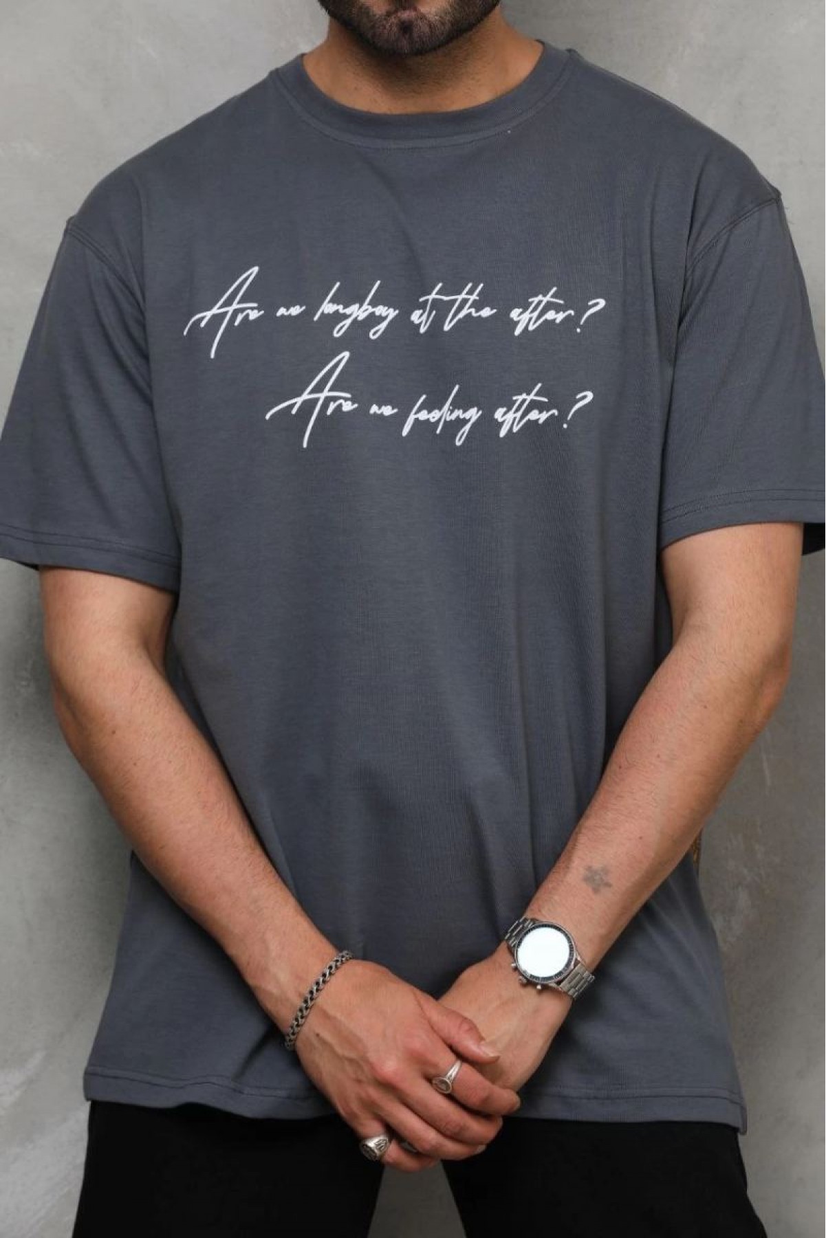 Erkek Kısa Kol Yazlık Tişört Bisiklet Yaka Baskılı Oversize T-Shirt - Füme