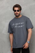 Erkek Kısa Kol Yazlık Tişört Bisiklet Yaka Baskılı Oversize T-Shirt - Füme