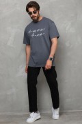 Erkek Kısa Kol Yazlık Tişört Bisiklet Yaka Baskılı Oversize T-Shirt - Füme