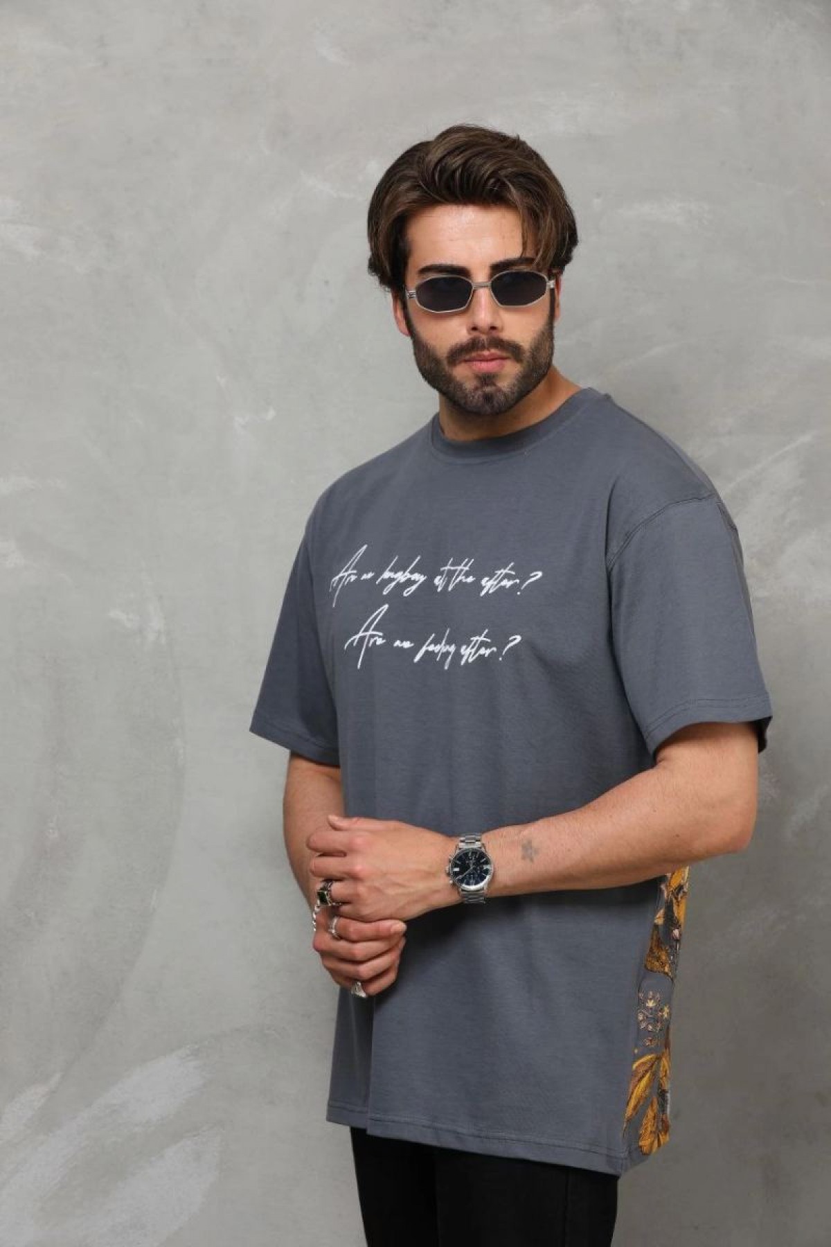 Erkek Kısa Kol Yazlık Tişört Bisiklet Yaka Baskılı Oversize T-Shirt - Füme