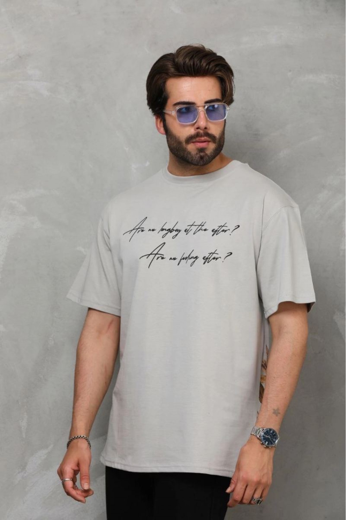 Erkek Kısa Kol Yazlık Tişört Bisiklet Yaka Baskılı Oversize T-Shirt - Gri