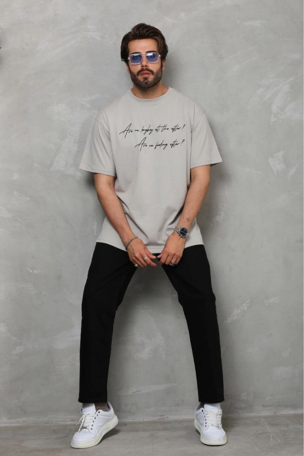 Erkek Kısa Kol Yazlık Tişört Bisiklet Yaka Baskılı Oversize T-Shirt - Gri