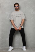 Erkek Kısa Kol Yazlık Tişört Bisiklet Yaka Baskılı Oversize T-Shirt - Gri