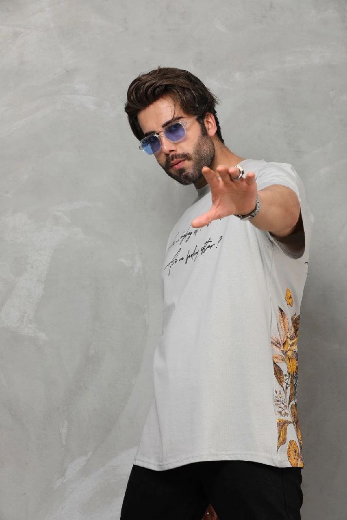 Erkek Kısa Kol Yazlık Tişört Bisiklet Yaka Baskılı Oversize T-Shirt - Gri