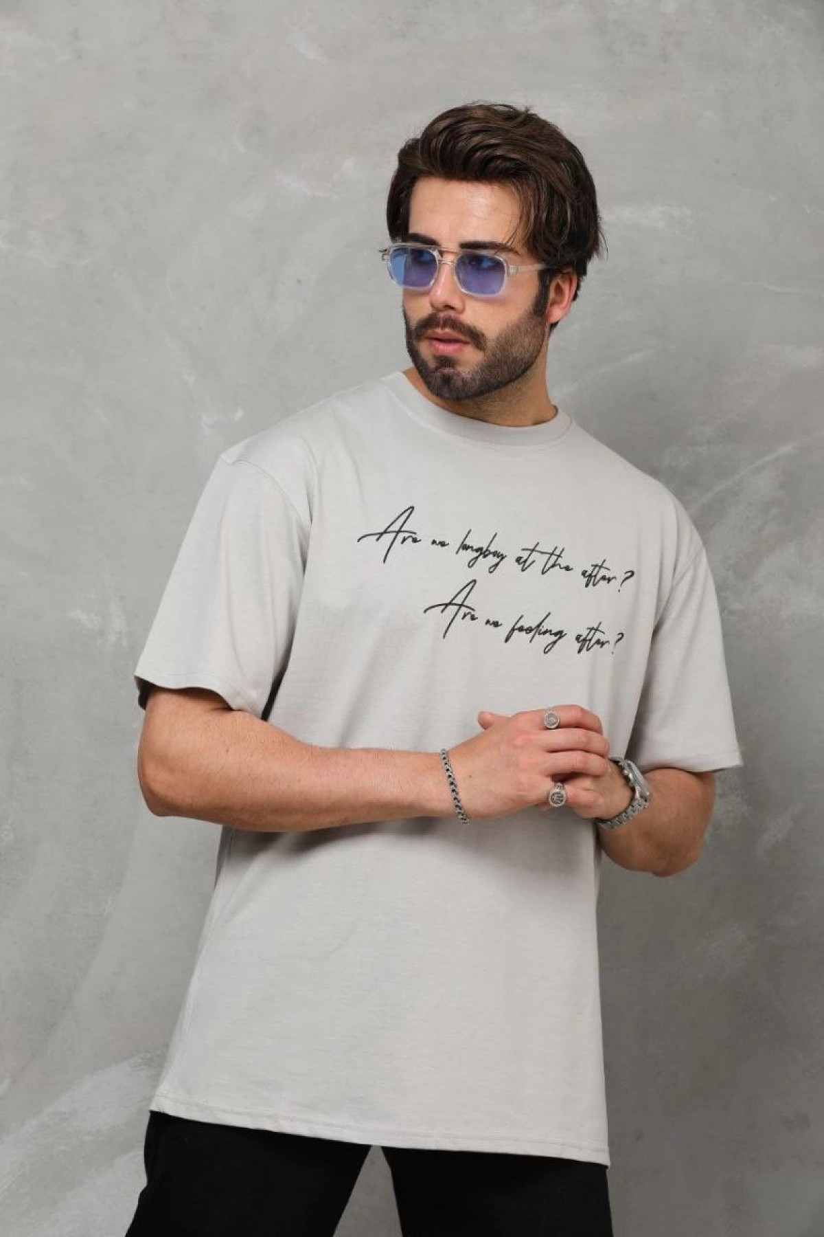 Erkek Kısa Kol Yazlık Tişört Bisiklet Yaka Baskılı Oversize T-Shirt - Gri