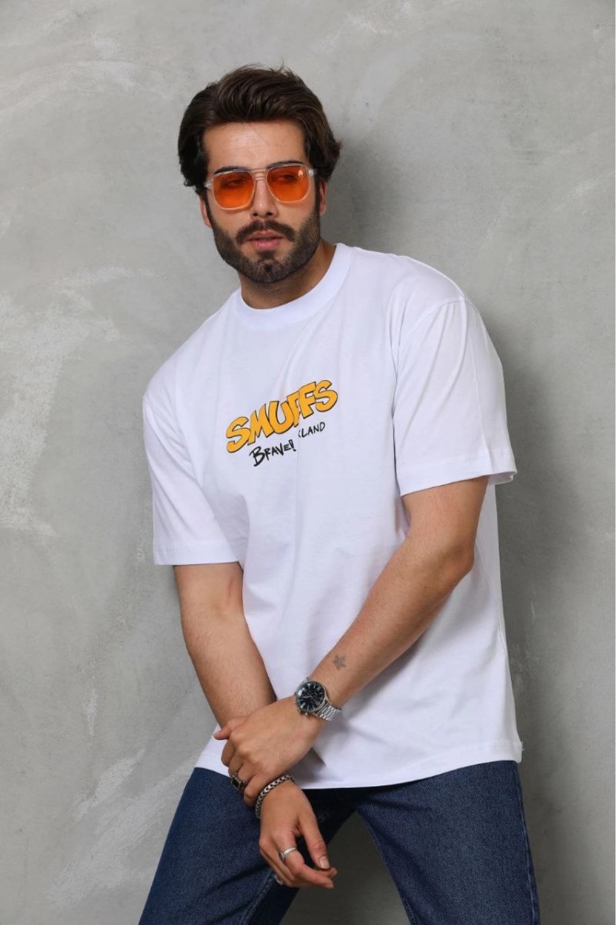 Erkek Kısa Kol Yazlık Tişört Bisiklet Yaka Baskılı Oversize T-Shirt - Beyaz