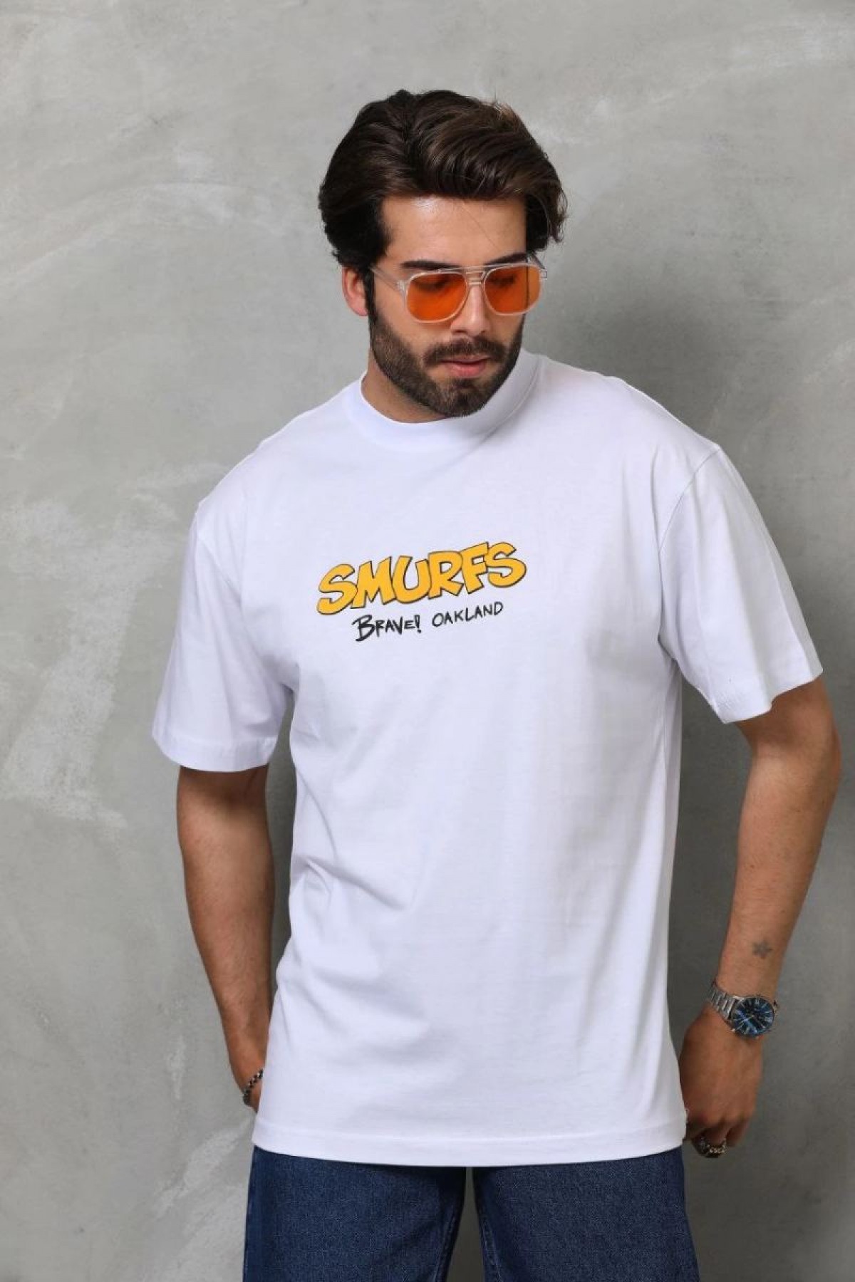 Erkek Kısa Kol Yazlık Tişört Bisiklet Yaka Baskılı Oversize T-Shirt - Beyaz