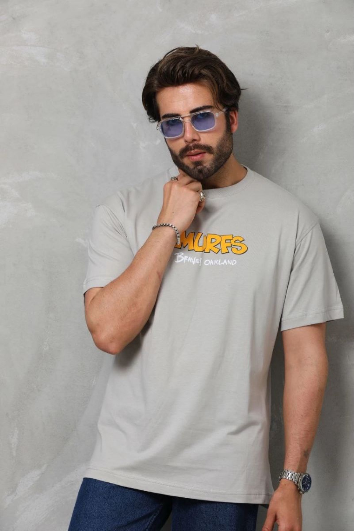 Erkek Kısa Kol Yazlık Tişört Bisiklet Yaka Baskılı Oversize T-Shirt - Gri