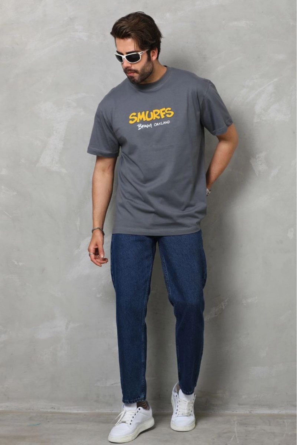 Erkek Kısa Kol Yazlık Tişört Bisiklet Yaka Baskılı Oversize T-Shirt - Füme