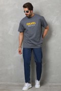 Erkek Kısa Kol Yazlık Tişört Bisiklet Yaka Baskılı Oversize T-Shirt - Füme