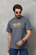Erkek Kısa Kol Yazlık Tişört Bisiklet Yaka Baskılı Oversize T-Shirt - Füme