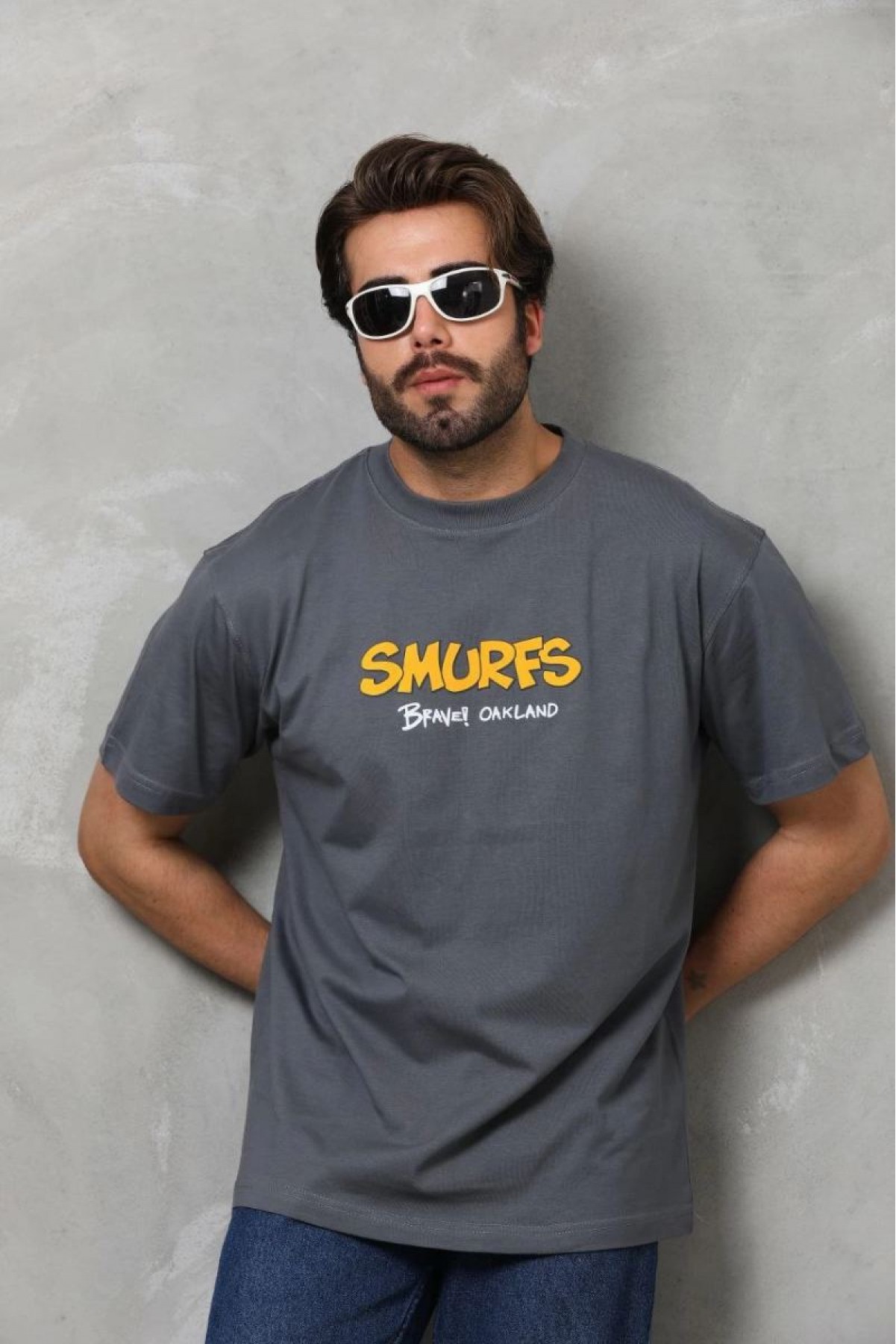 Erkek Kısa Kol Yazlık Tişört Bisiklet Yaka Baskılı Oversize T-Shirt - Füme