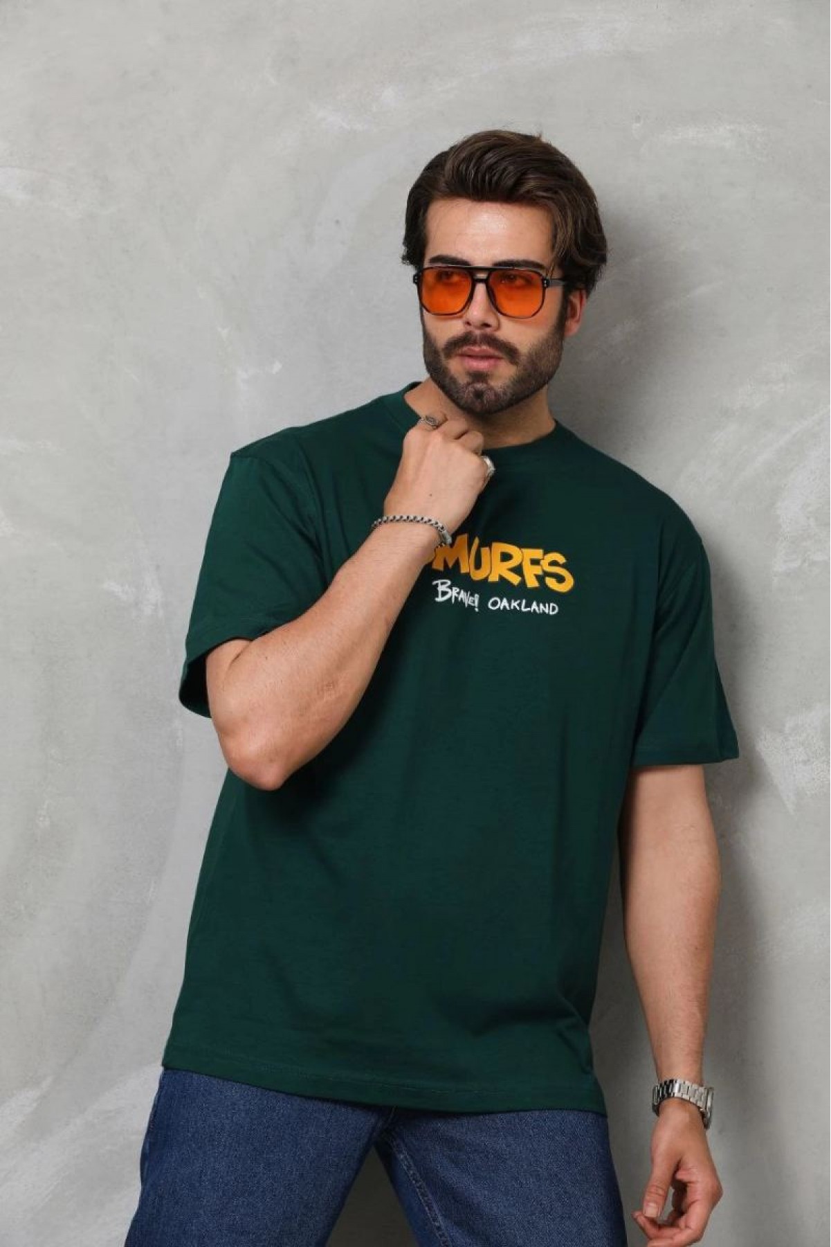 Erkek Kısa Kol Yazlık Tişört Bisiklet Yaka Baskılı Oversize T-Shirt - Yeşil