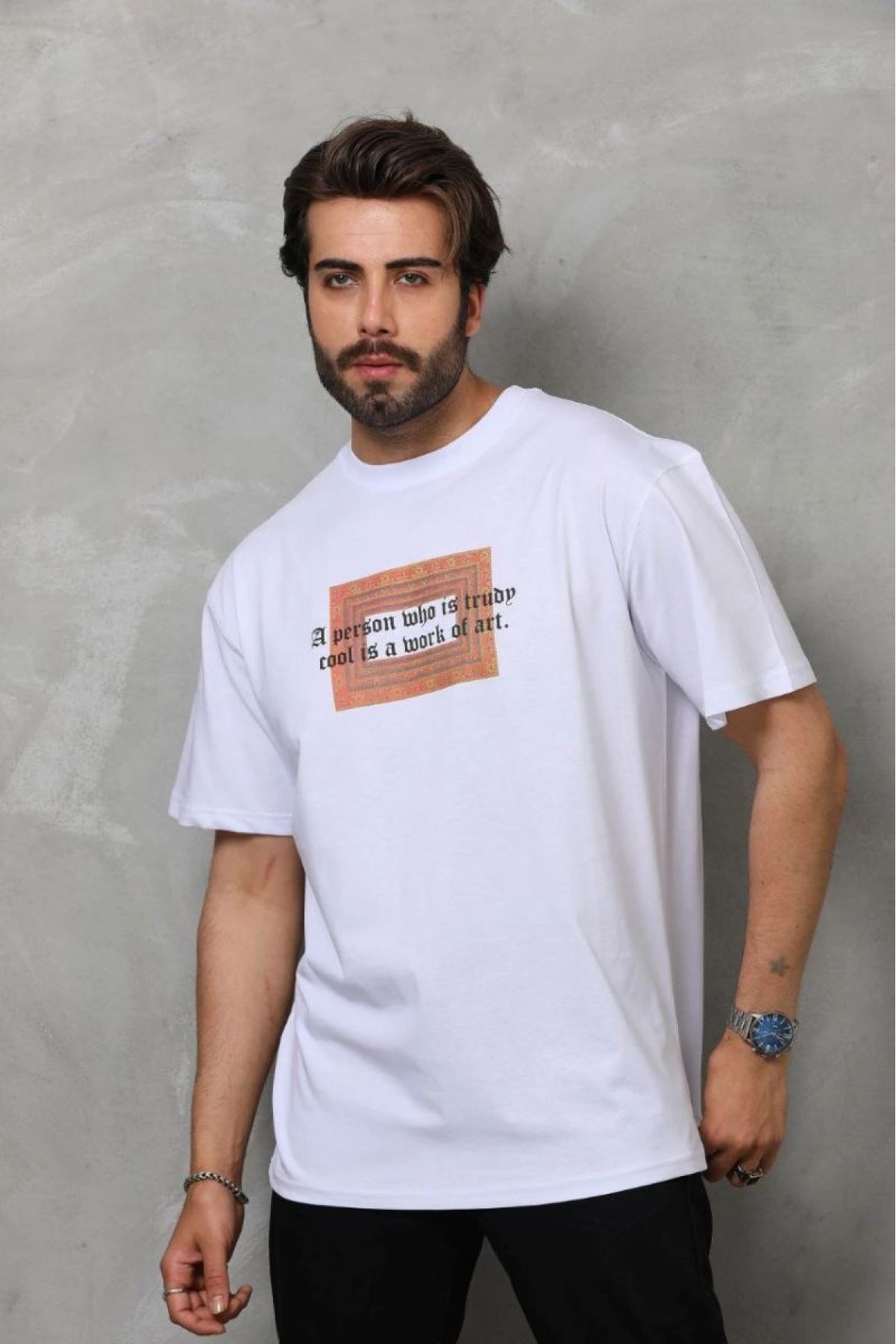 Erkek Baskılı T-Shirt Kısa Kol Bisiklet Yaka Regular Fit Rahat Kalıp Tişört -  Beyaz