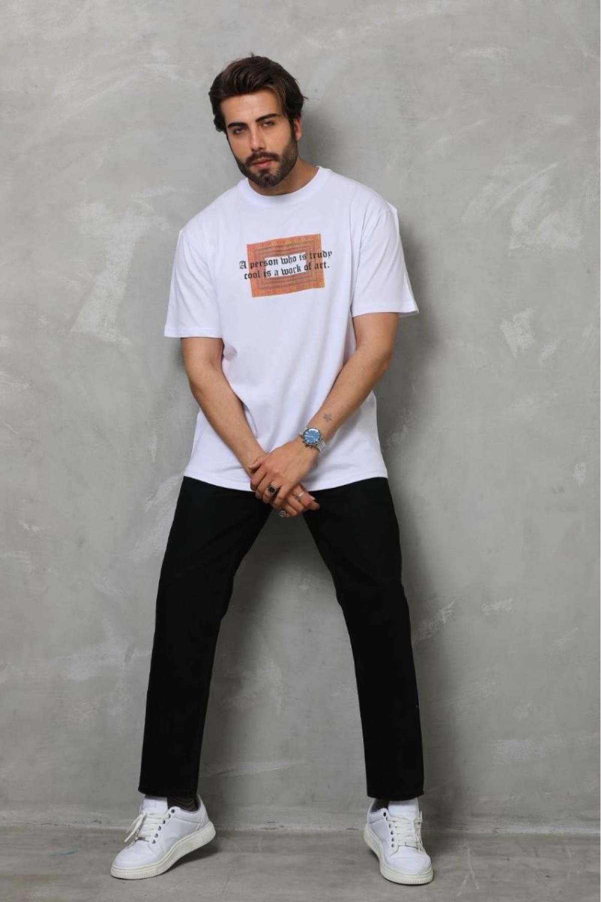 Erkek Baskılı T-Shirt Kısa Kol Bisiklet Yaka Regular Fit Rahat Kalıp Tişört -  Beyaz