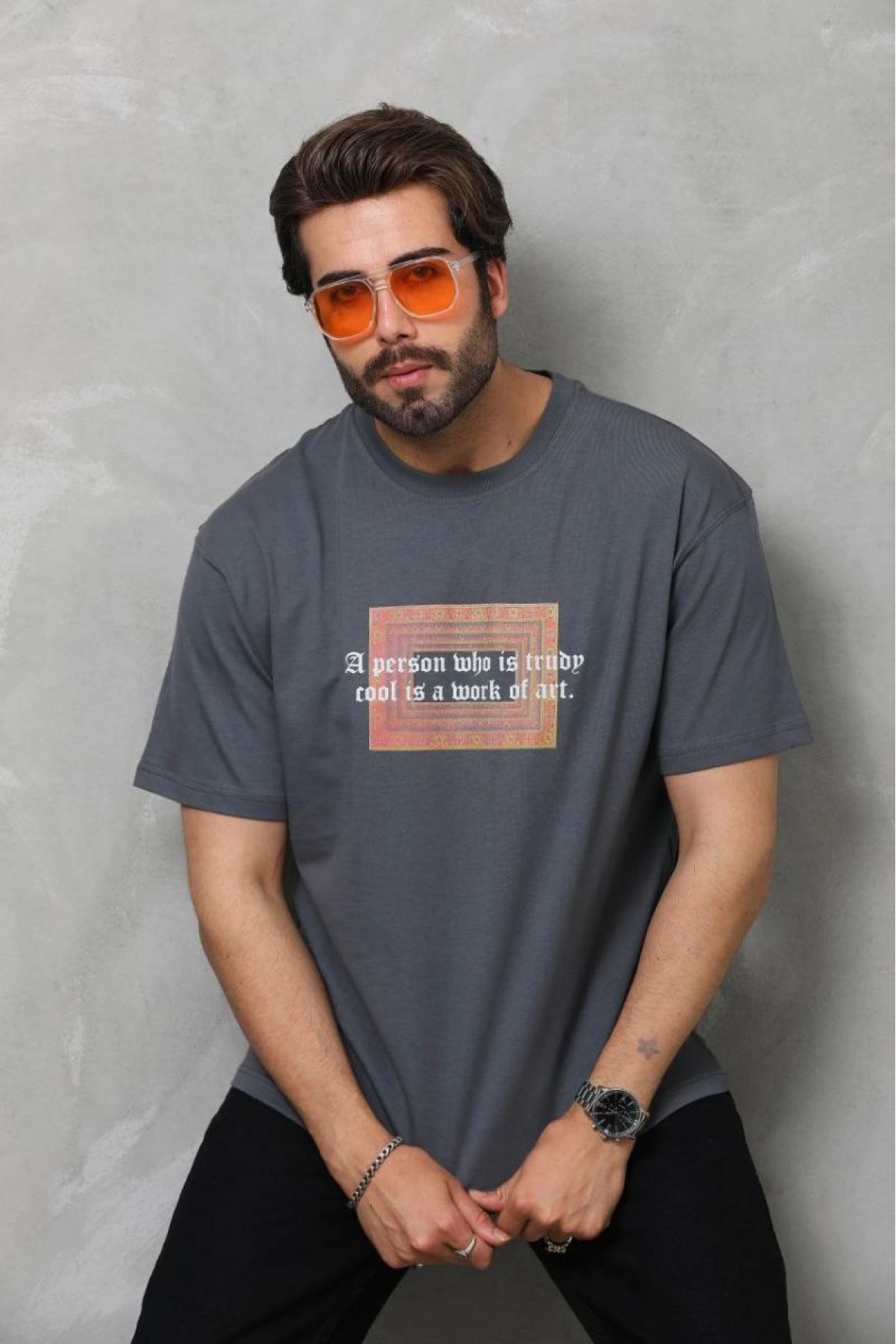 Erkek Baskılı T-Shirt Kısa Kol Bisiklet Yaka Regular Fit Rahat Kalıp Tişört -  Füme